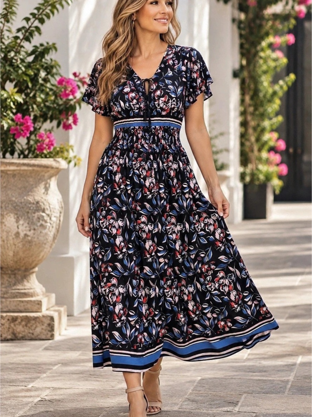 🌙✨🆕Tassel Tie Back Midi Dress  with Smocked Waist – S/M